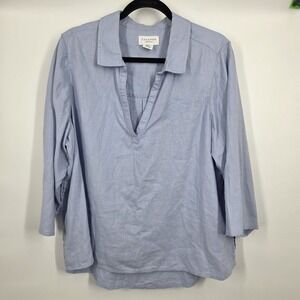 Calypso St Barth Shirt Womens XL Blue Linen Embroidered Shell Coastal Beach Top